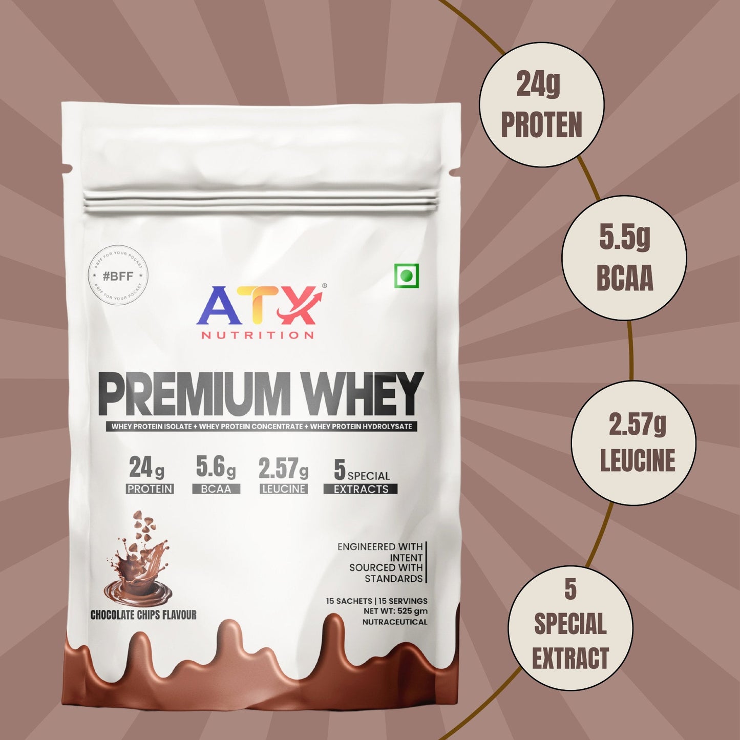 ATX Whey Chocolate Chips  | 525 GM | ISOLATE + CONCENTRATE + HYDROLYSATE | 15 SACHETS