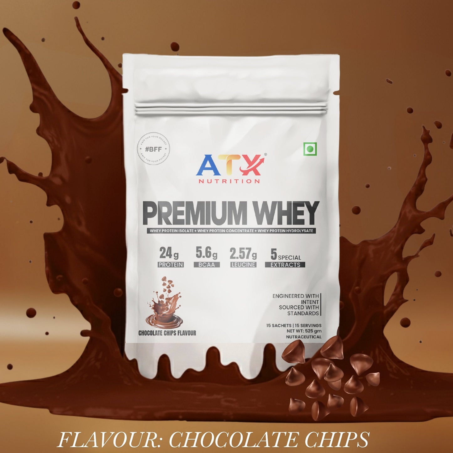 ATX Whey Chocolate Chips  | 525 GM | ISOLATE + CONCENTRATE + HYDROLYSATE | 15 SACHETS