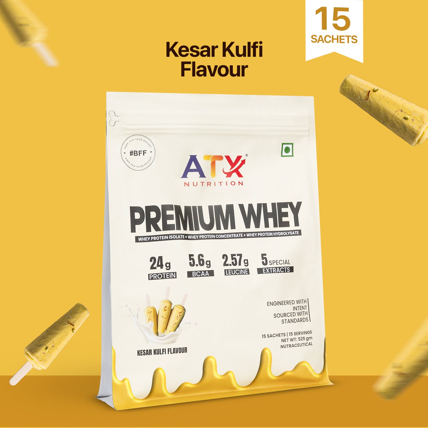 ATX Whey Kesar Kulfi | 525 GM | ISOLATE + CONCENTRATE + HYDROLYSATE | 15 SACHETS