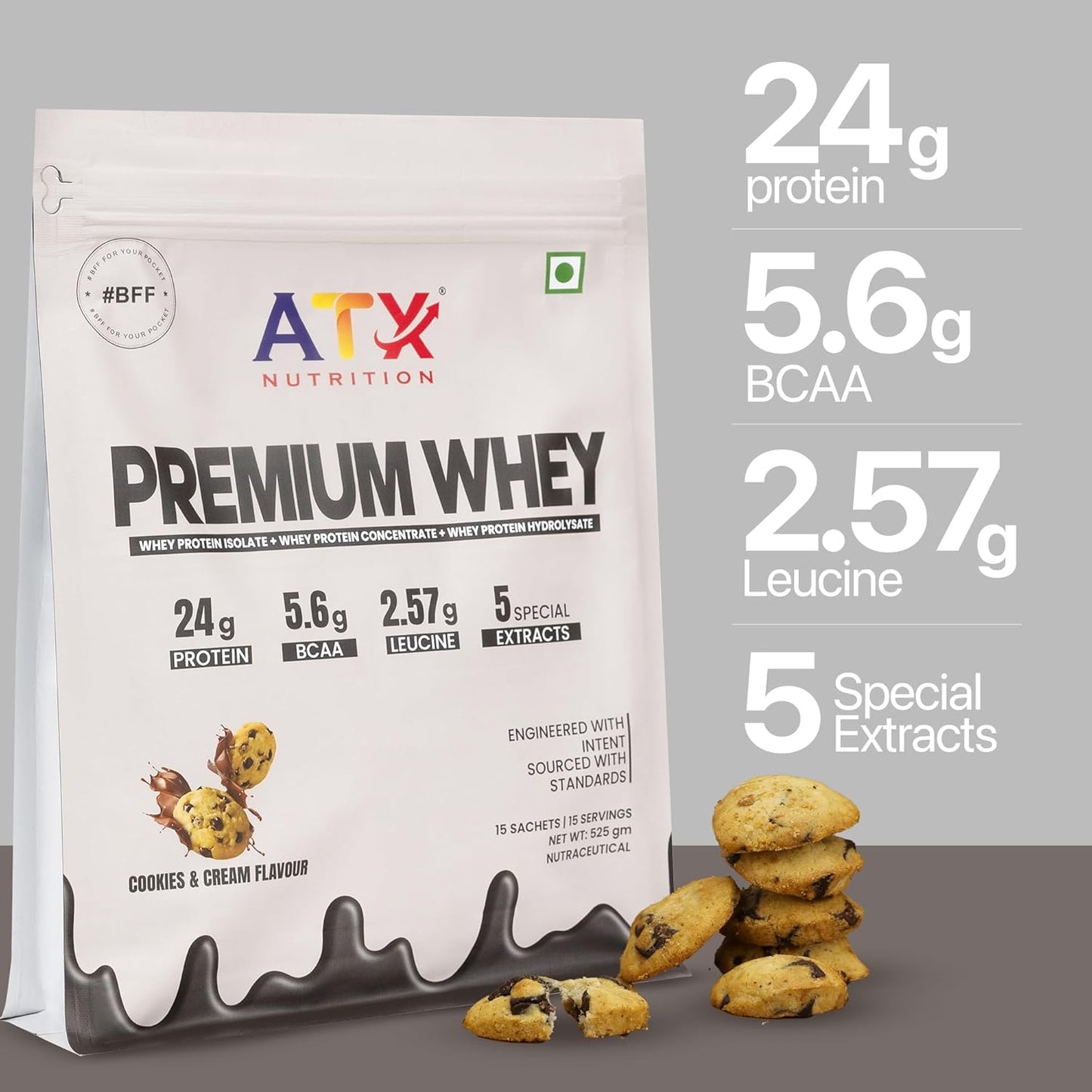 ATX Whey Cookies & Cream | 525 GM | ISOLATE + CONCENTRATE + HYDROLYSATE | 15 SACHETS