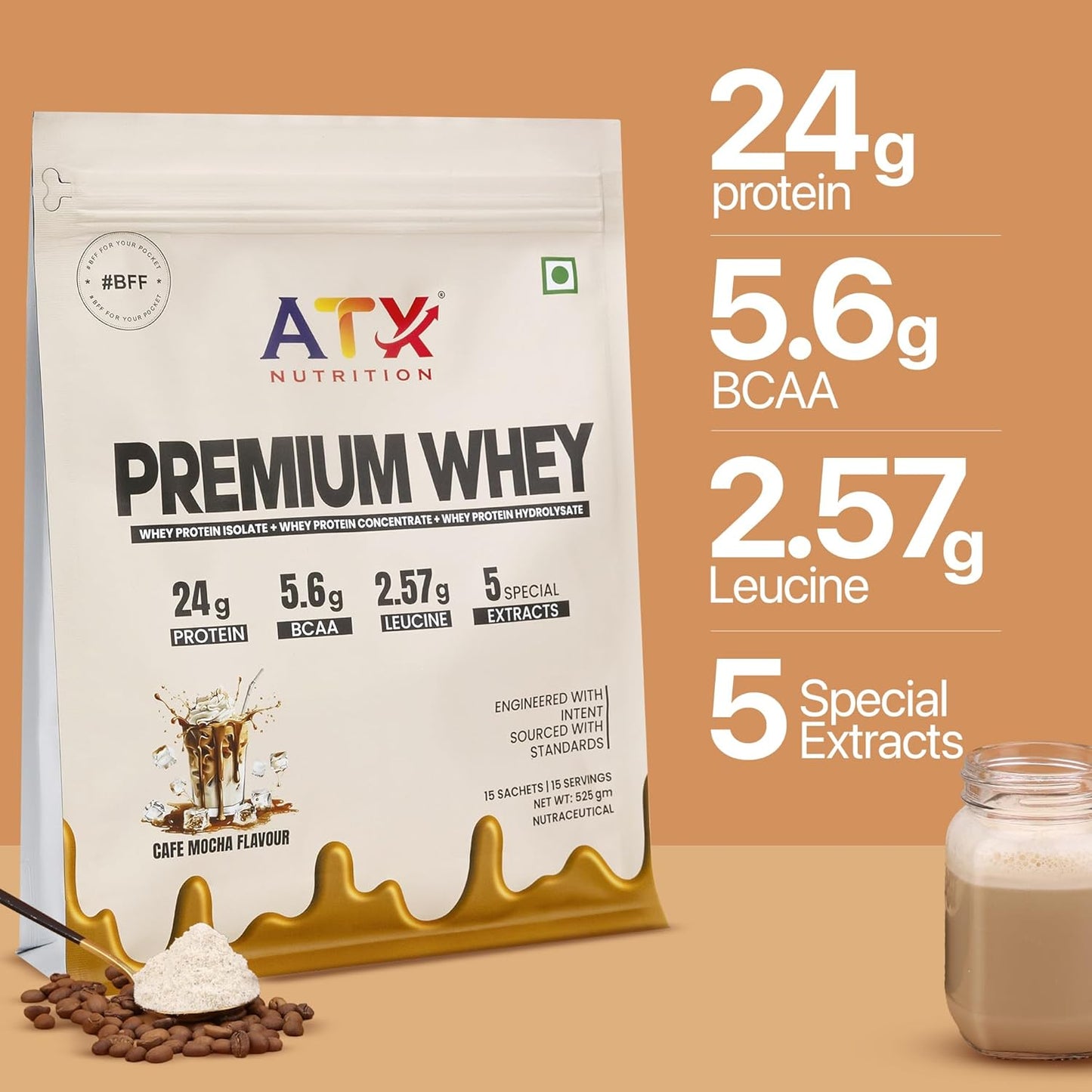 ATX Whey Cafe Mocha | 525 GM | ISOLATE + CONCENTRATE + HYDROLYSATE | 15 SACHETS