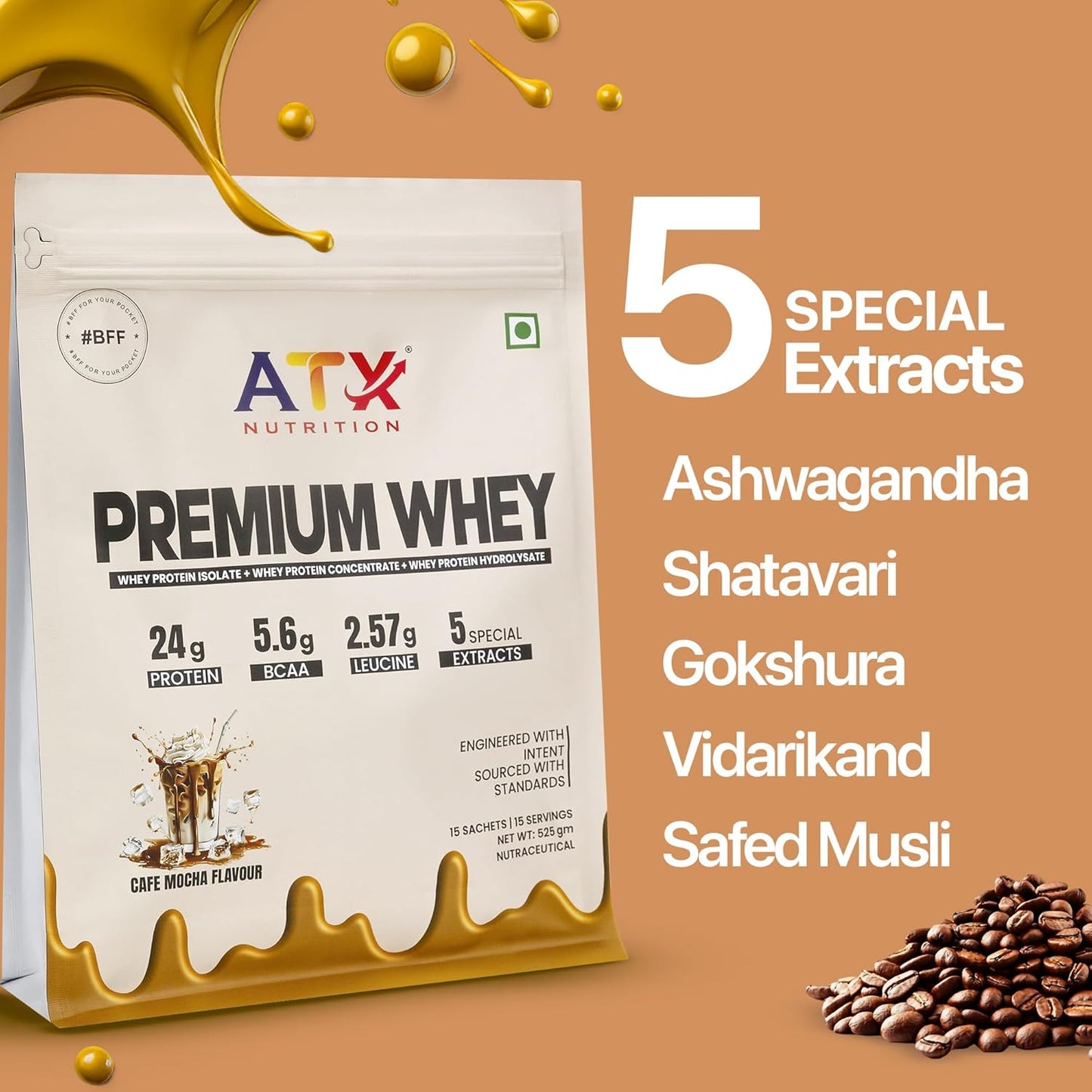 ATX Whey Cafe Mocha | 525 GM | ISOLATE + CONCENTRATE + HYDROLYSATE | 15 SACHETS