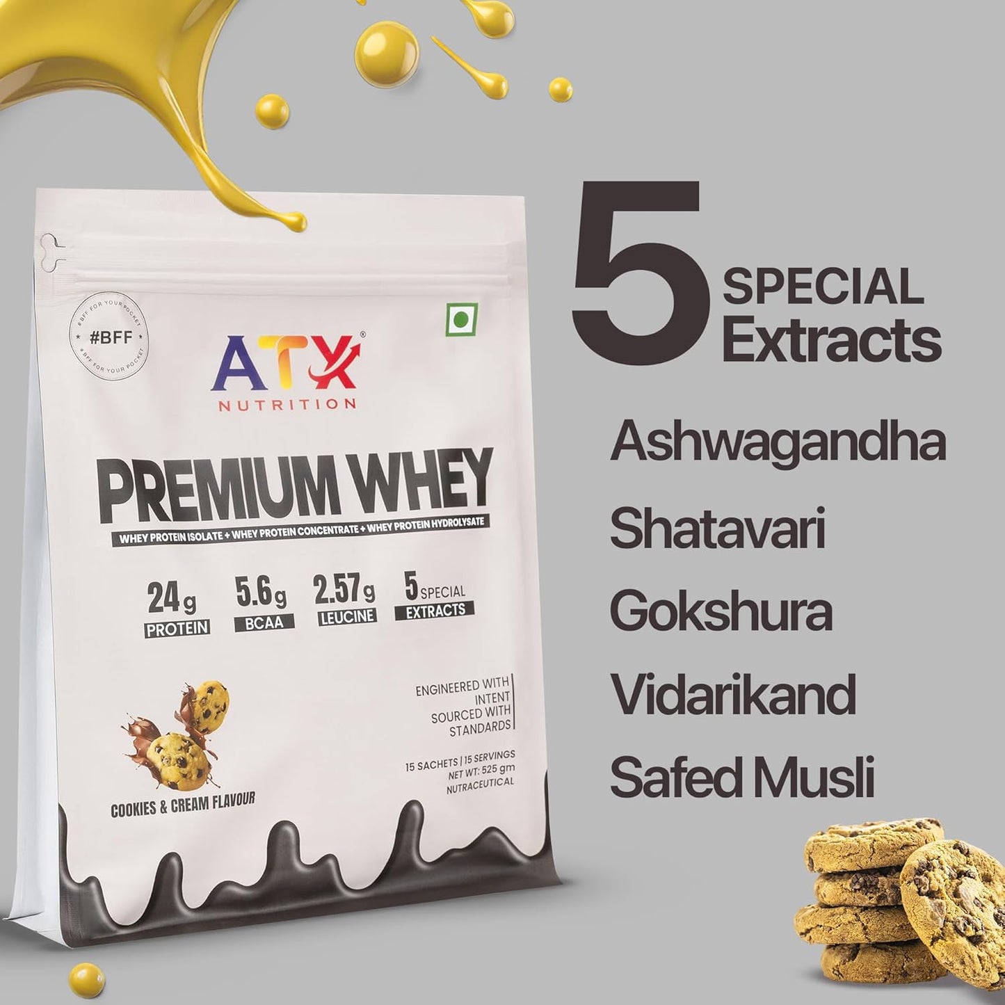 ATX Whey Cookies & Cream | 525 GM | ISOLATE + CONCENTRATE + HYDROLYSATE | 15 SACHETS