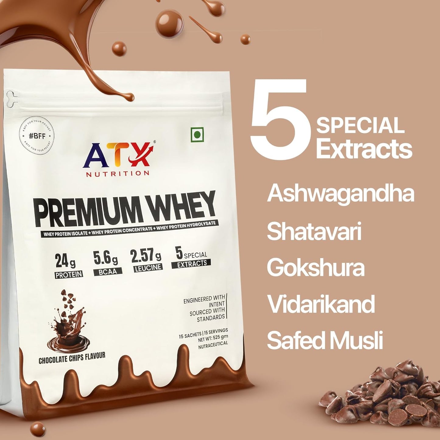 ATX Whey Chocolate Chips  | 525 GM | ISOLATE + CONCENTRATE + HYDROLYSATE | 15 SACHETS