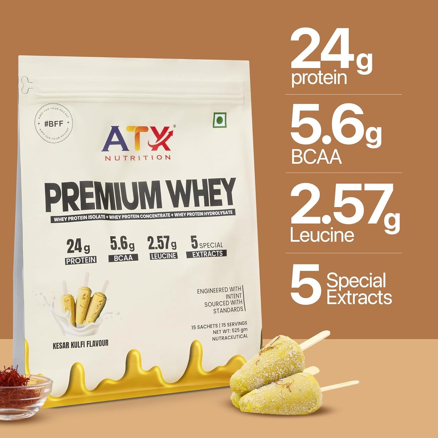 ATX Whey Kesar Kulfi | 525 GM | ISOLATE + CONCENTRATE + HYDROLYSATE | 15 SACHETS