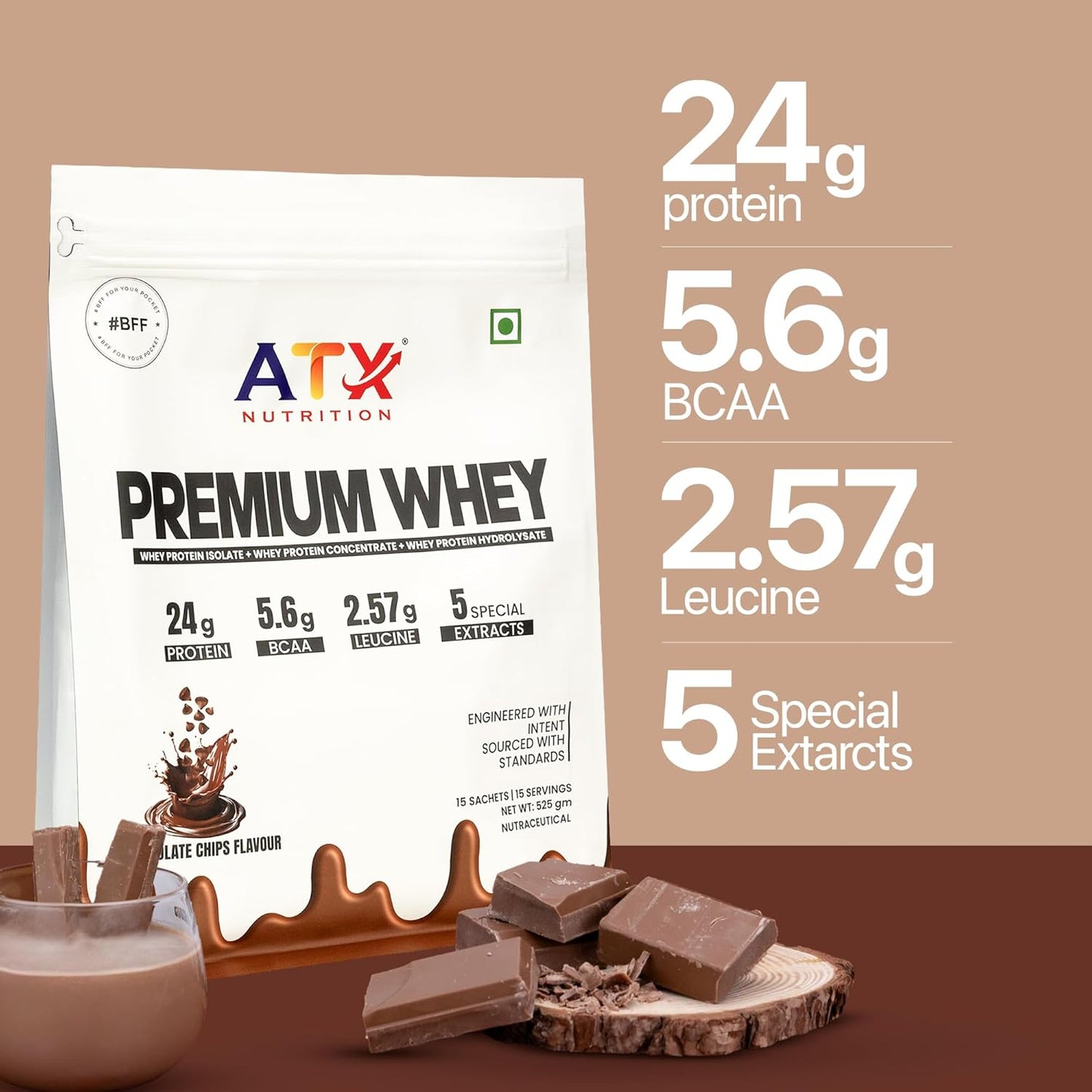 ATX Whey Chocolate Chips  | 525 GM | ISOLATE + CONCENTRATE + HYDROLYSATE | 15 SACHETS