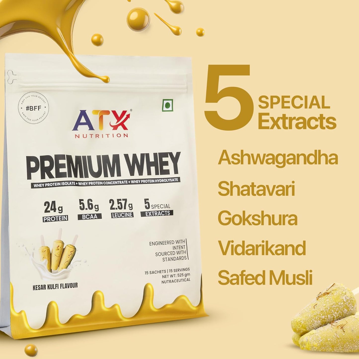 ATX Whey Kesar Kulfi | 525 GM | ISOLATE + CONCENTRATE + HYDROLYSATE | 15 SACHETS