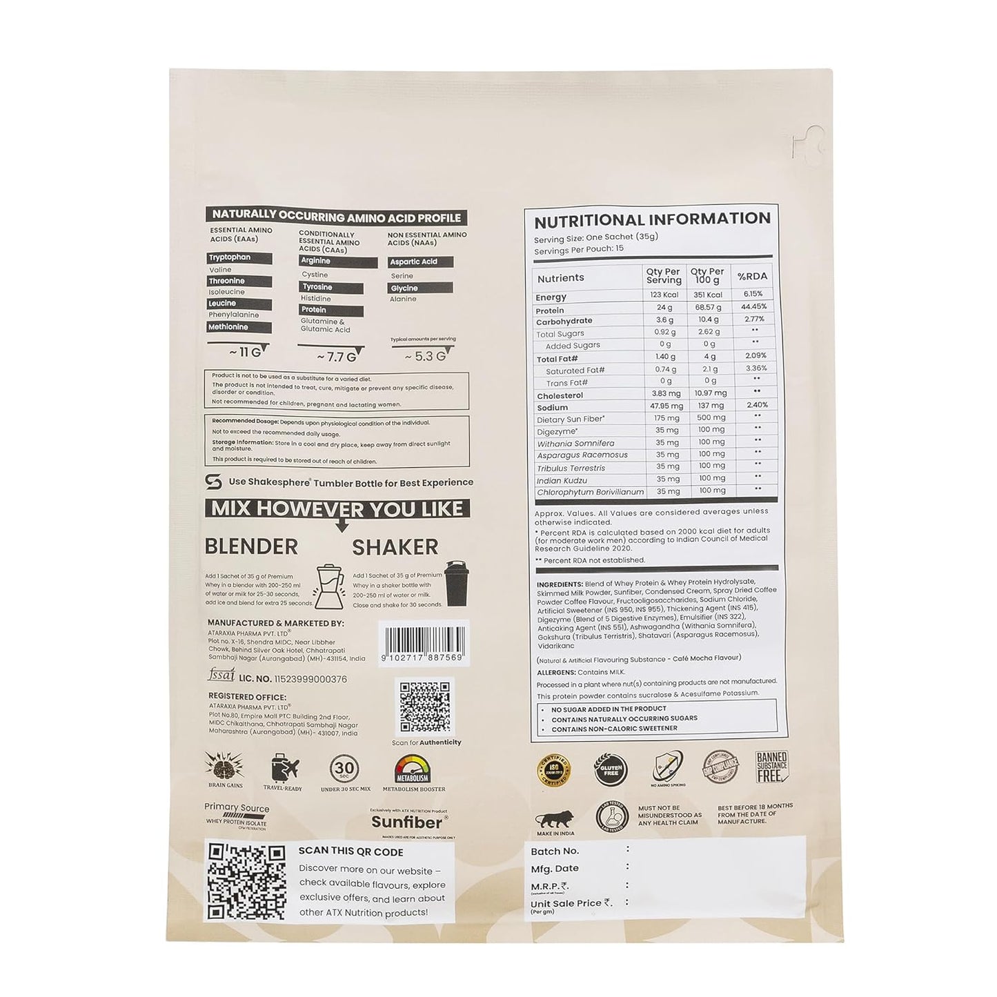 ATX Whey Cafe Mocha | 525 GM | ISOLATE + CONCENTRATE + HYDROLYSATE | 15 SACHETS