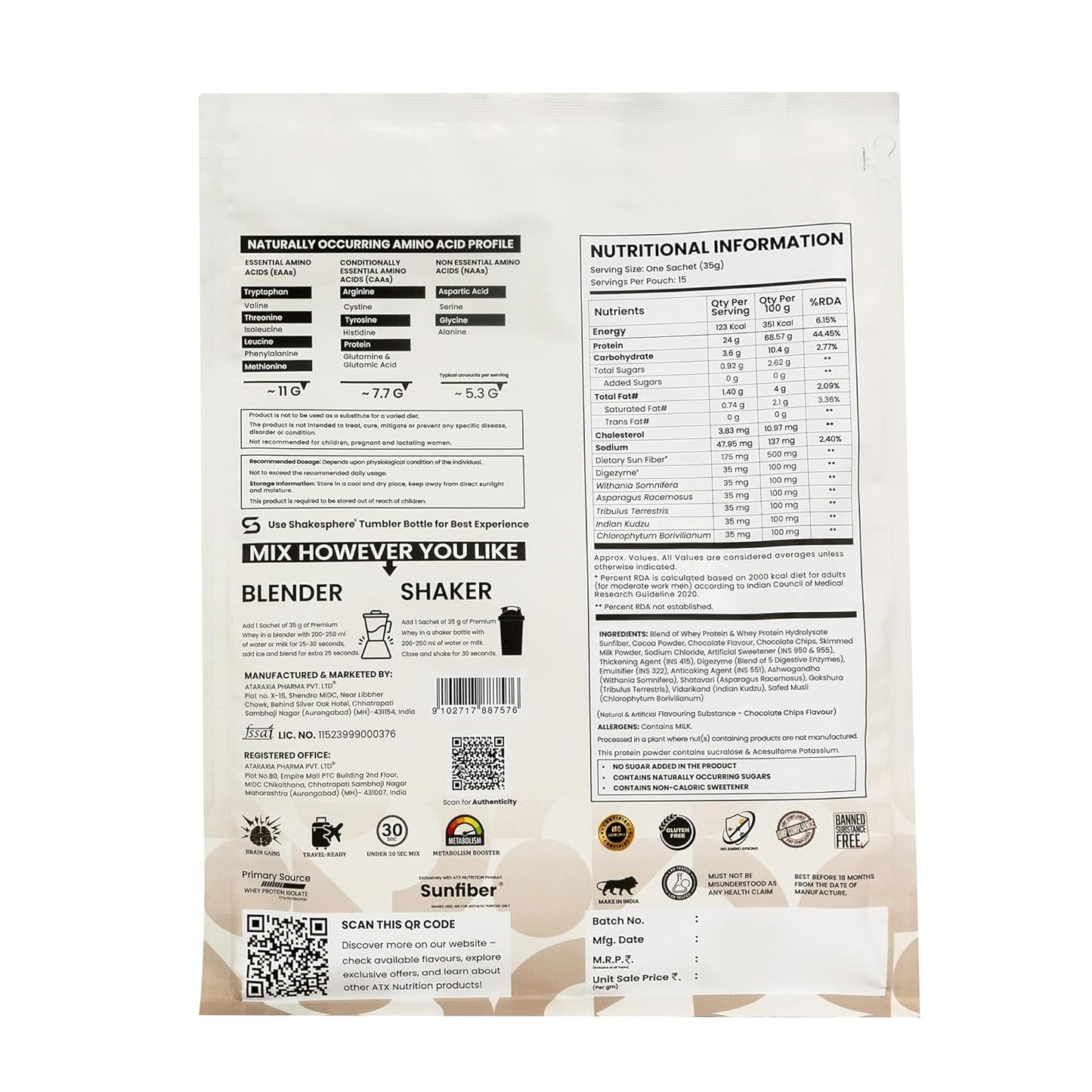 ATX Whey Chocolate Chips  | 525 GM | ISOLATE + CONCENTRATE + HYDROLYSATE | 15 SACHETS