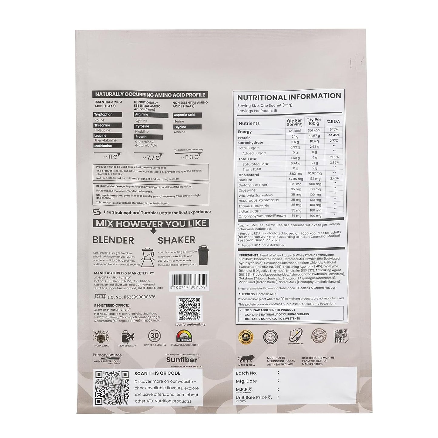 ATX Whey Cookies & Cream | 525 GM | ISOLATE + CONCENTRATE + HYDROLYSATE | 15 SACHETS